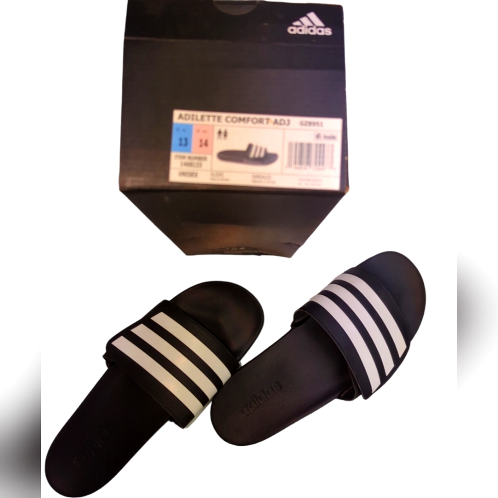 Adidas slippers, slides, slip-on, black with white stripes...